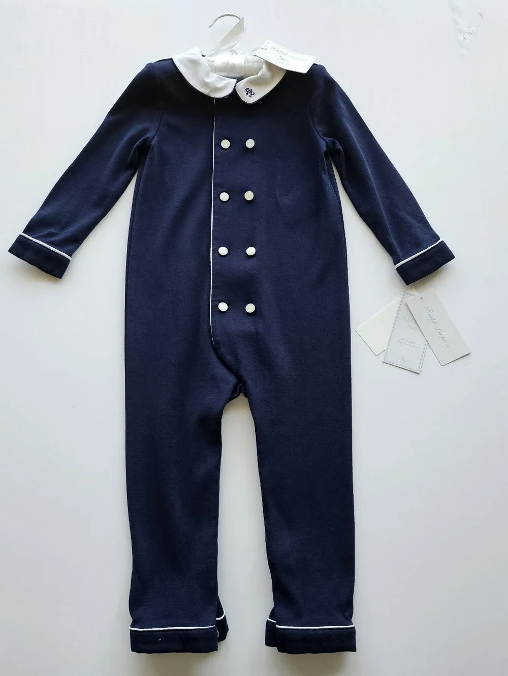 Ralph Lauren Navy Nautical Formal One-Piece with White Trim Peterpan Collar NWT